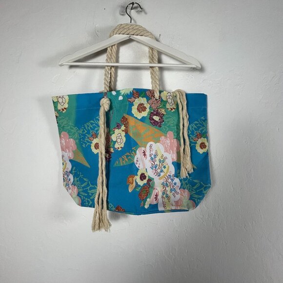 Citron Santa Monica Collection Rope Handle Tote Bag Floral Print Blue Pink 14x19 - Picture 2 of 5
